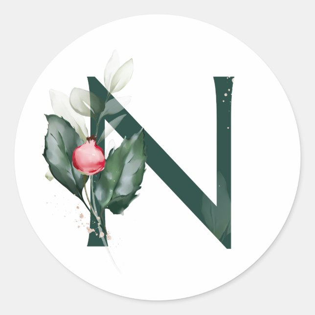 Sticker Rond Vacances d'hiver MONOGRAMME poinsettia rouge baies (Devant)