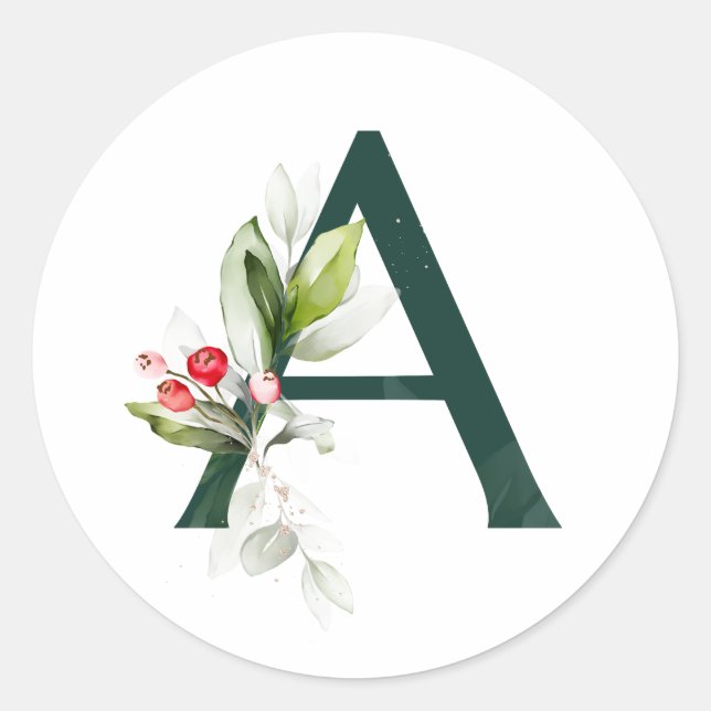 Sticker Rond Vacances d'hiver MONOGRAMME poinsettia rouge baies (Devant)