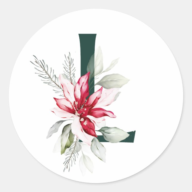 Sticker Rond Vacances d'hiver MONOGRAMME poinsettia rouge baies (Devant)