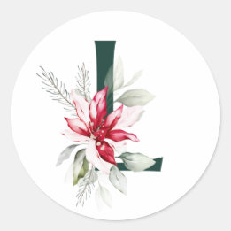 Sticker Rond Vacances d'hiver MONOGRAMME poinsettia rouge baies