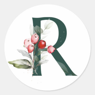 Sticker Rond Vacances d'hiver MONOGRAMME poinsettia rouge baies
