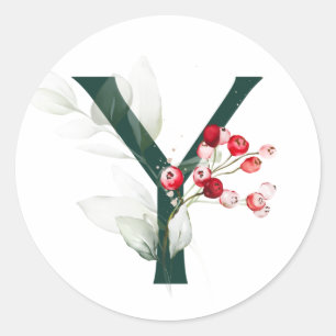 Sticker Rond Vacances d'hiver MONOGRAMME poinsettia rouge baies