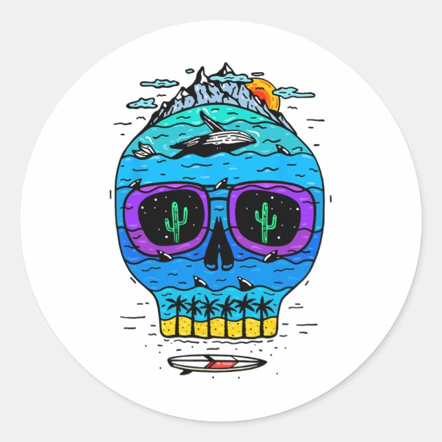Sticker Rond Vacances drôles de surf de crâne Paradis tropical  (Devant)