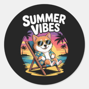 Sticker Rond Vacances drôles d'été de chien Shi Inu de plage