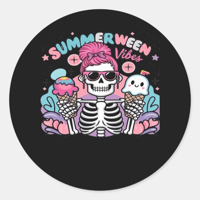 Sticker Rond Vacances été Summerween Vibes Skeleton IceCream (Devant)