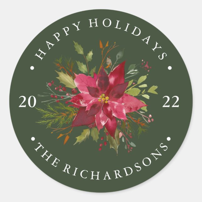 Sticker Rond Vacances Floral Poinsettia Vert foncé (Devant)