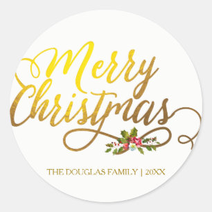 Sticker Rond Vacances florales rouges de Joyeux Noël d'or et d