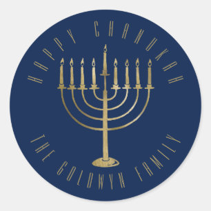 Sticker Rond Vacances heureuses de Menorah d'or de marine de