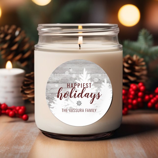 Sticker Rond Vacances Rustiques Noël Bois Arbre Bourgogne (Rustic Holiday Christmas Wood Tree Burgundy Classic Round Sticker)