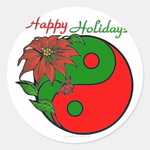 Sticker Rond Vacances Yin Yang Poinsettia Rouge Vert