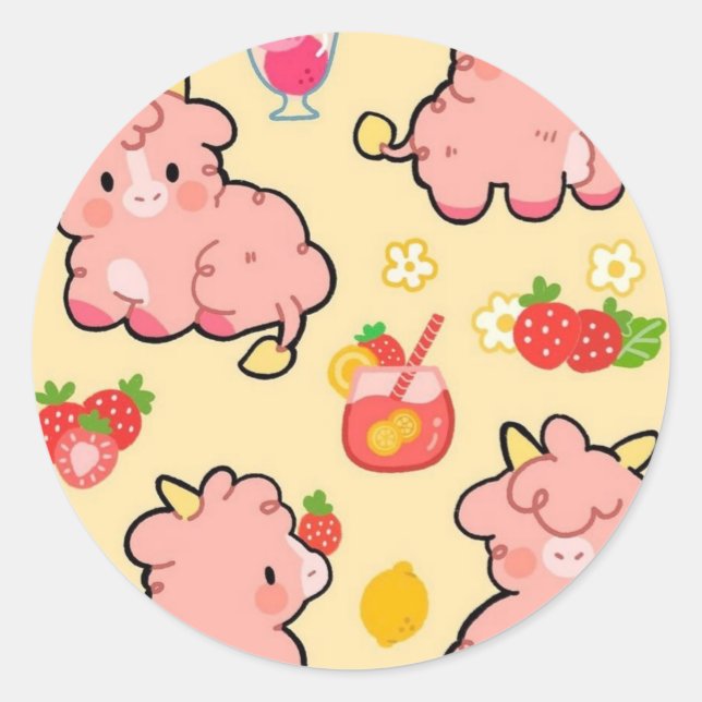 Sticker Rond Vache à la limonade de fraise kawaii (Devant)