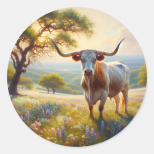 Sticker Rond Vache à landes du printemps du Texas