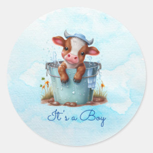 Sticker Rond Vache bébé mignonne dans le Baby shower bleu seau