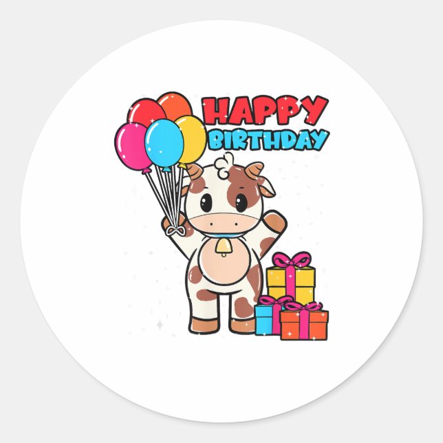 Sticker Rond Vache Birthday Balloon Thème Cattleman Farman Cute (Devant)