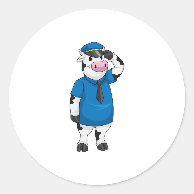 Sticker Rond Vache comme agent de police avec casquette de poli (Devant)