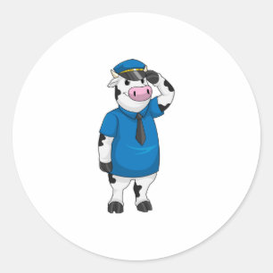 Sticker Rond Vache comme agent de police avec casquette de poli