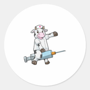 Sticker Rond Vache comme infirmière avec coeur et seringue