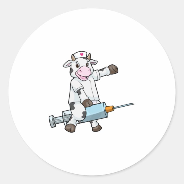 Sticker Rond Vache comme infirmière avec coeur et seringue (Devant)