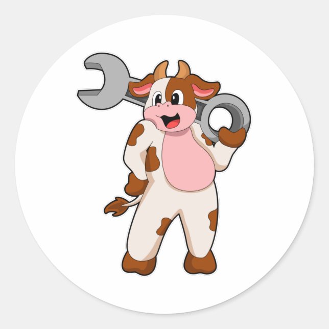 Sticker Rond Vache comme mécanicien avec clé (Devant)