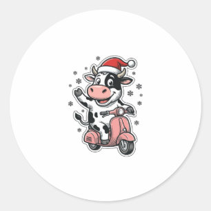 Sticker Rond Vache de Noël à scooter rose vintage vecteur_1