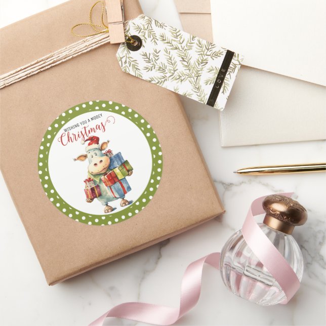 Sticker Rond Vache de Noël jeu de mots  (Cadeaux)