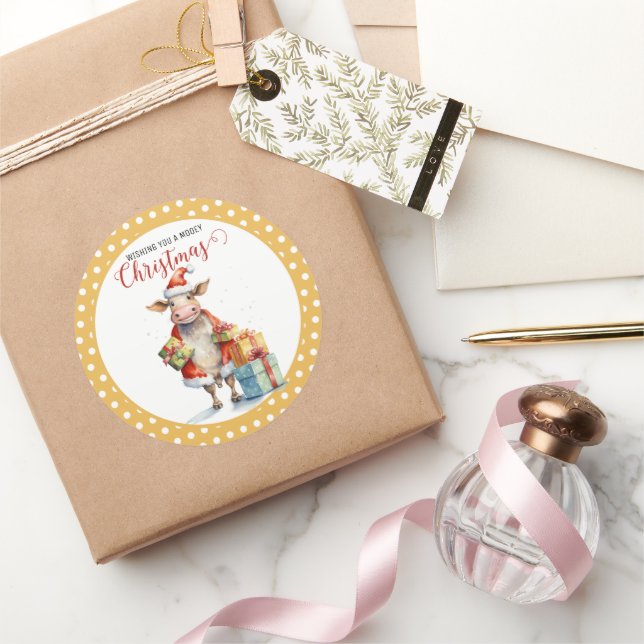 Sticker Rond Vache de Noël jeu de mots  (Cadeaux)