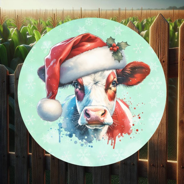 Sticker Rond Vache de Noël mignonne à Santa Hat (Créateur téléchargé)