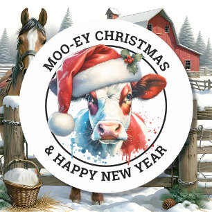 Sticker Rond Vache de Noël mignonne à Santa Hat Personnalisé