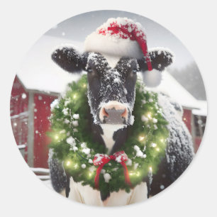Sticker Rond Vache de Noël portant une couronne