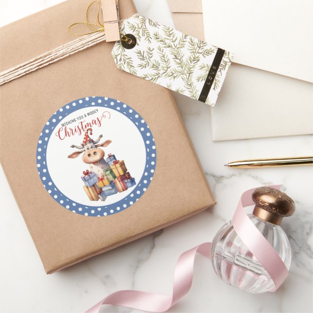 Sticker Rond Vache de Noël Pun  (Cadeaux)