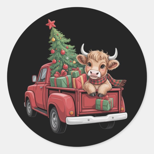 Sticker Rond Vache de Noël  Vache des Highlands dans une ferme  (Devant)
