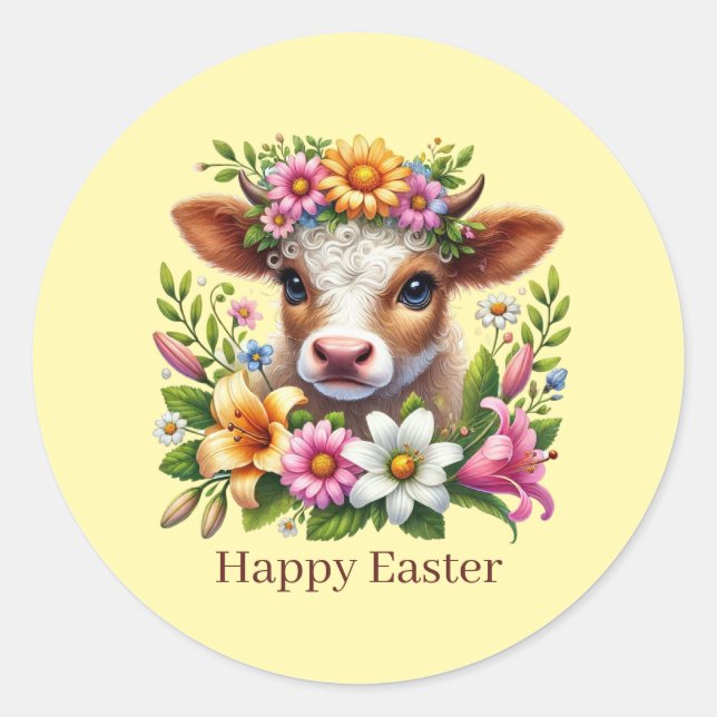 Sticker Rond Vache de Pâques mignonne et heureuse  (Devant)