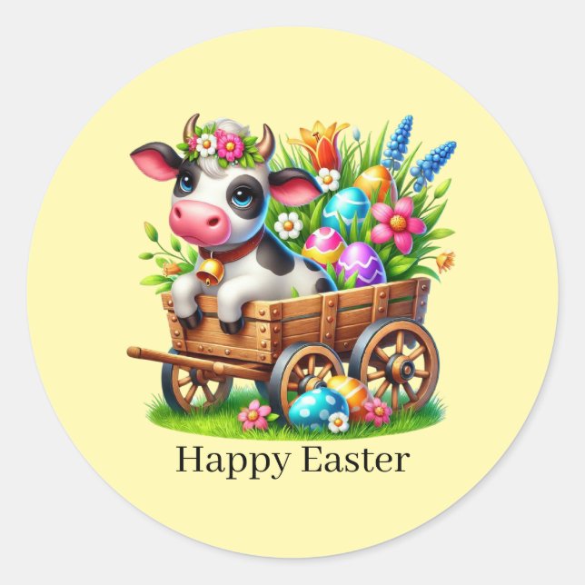 Sticker Rond Vache de Pâques mignonne et heureuse  (Devant)