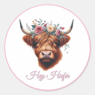 Sticker Rond Vache des hautes terres mignonne, florale/printani