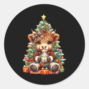 Sticker Rond Vache des Highlands Arbre de Noël Génisse mignonne