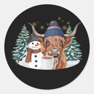 Sticker Rond Vache des Highlands Bonhomme de neige Chocolat cha