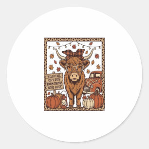 Sticker Rond Vache des Highlands Bonjour Automne Gravure Vintag