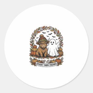 Sticker Rond Vache des Highlands Halloween Fantôme Citrouille A