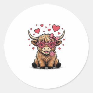 Sticker Rond Vache des Highlands mignonne Saint-Valentin lunett