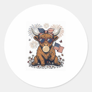 Sticker Rond Vache des Highlands patriotique Bubblegum Gravure