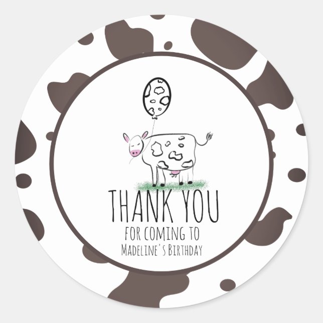 Sticker Rond Vache Doodle Ferme Animaux Anniversaire Merci C (Devant)