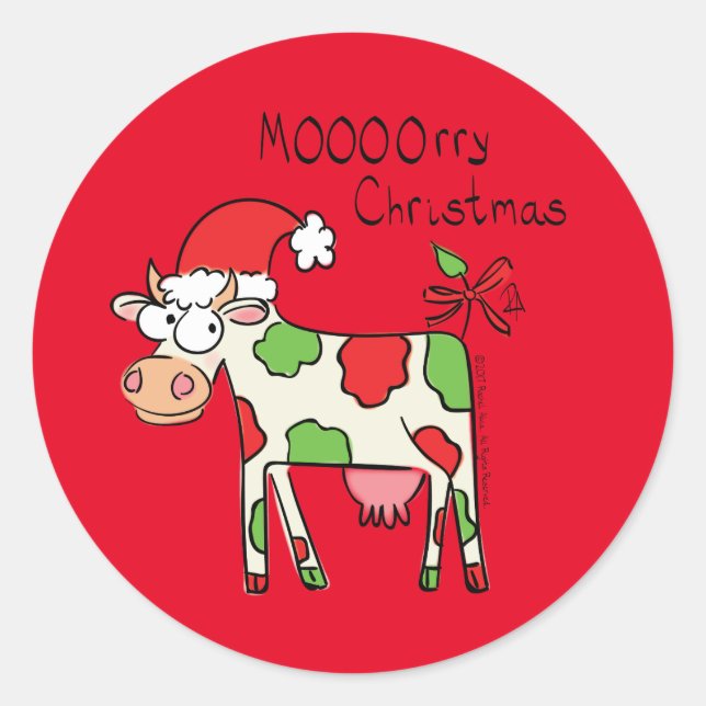 Sticker Rond Vache Drôle Caricature Noël (Devant)