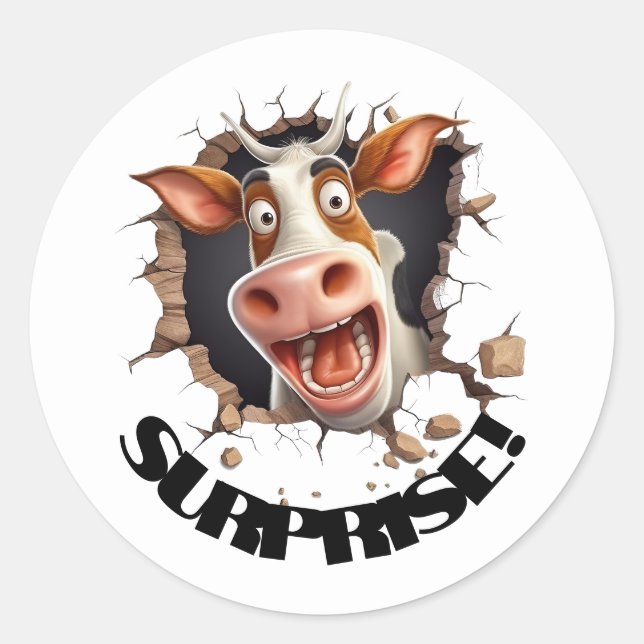 Sticker Rond Vache drôle criant surprise à vos invités (Devant)
