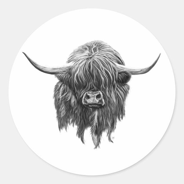 Sticker Rond Vache Écossaise Highland En Noir Et Blanc (Devant)