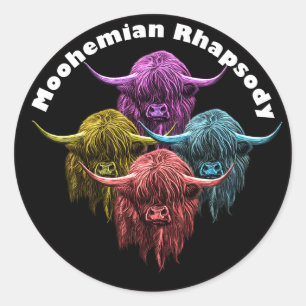 Sticker Rond Vache écossaise Highland. Moohemian Rhapsody
