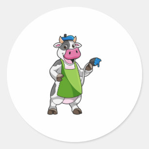 Sticker Rond Vache en peintre avec peinture et tablier