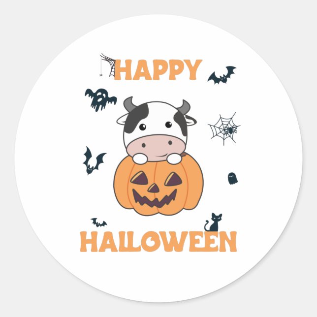 Sticker Rond Vache En Vaches mignonnes Citrouilles Bonne Hallow (Devant)