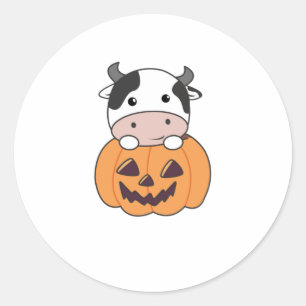 Sticker Rond Vache En Vaches mignonnes Citrouilles Bonne Hallow