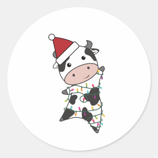 Sticker Rond Vache Fée de Noël Lights mignonne Animaux pour enf (Devant)