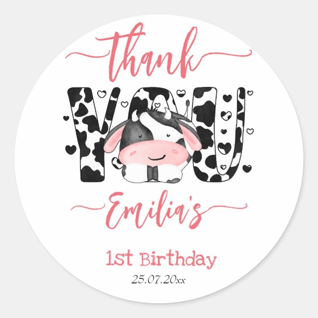 Sticker Rond Vache fête d'anniversaire vache motif rose merci (Devant)